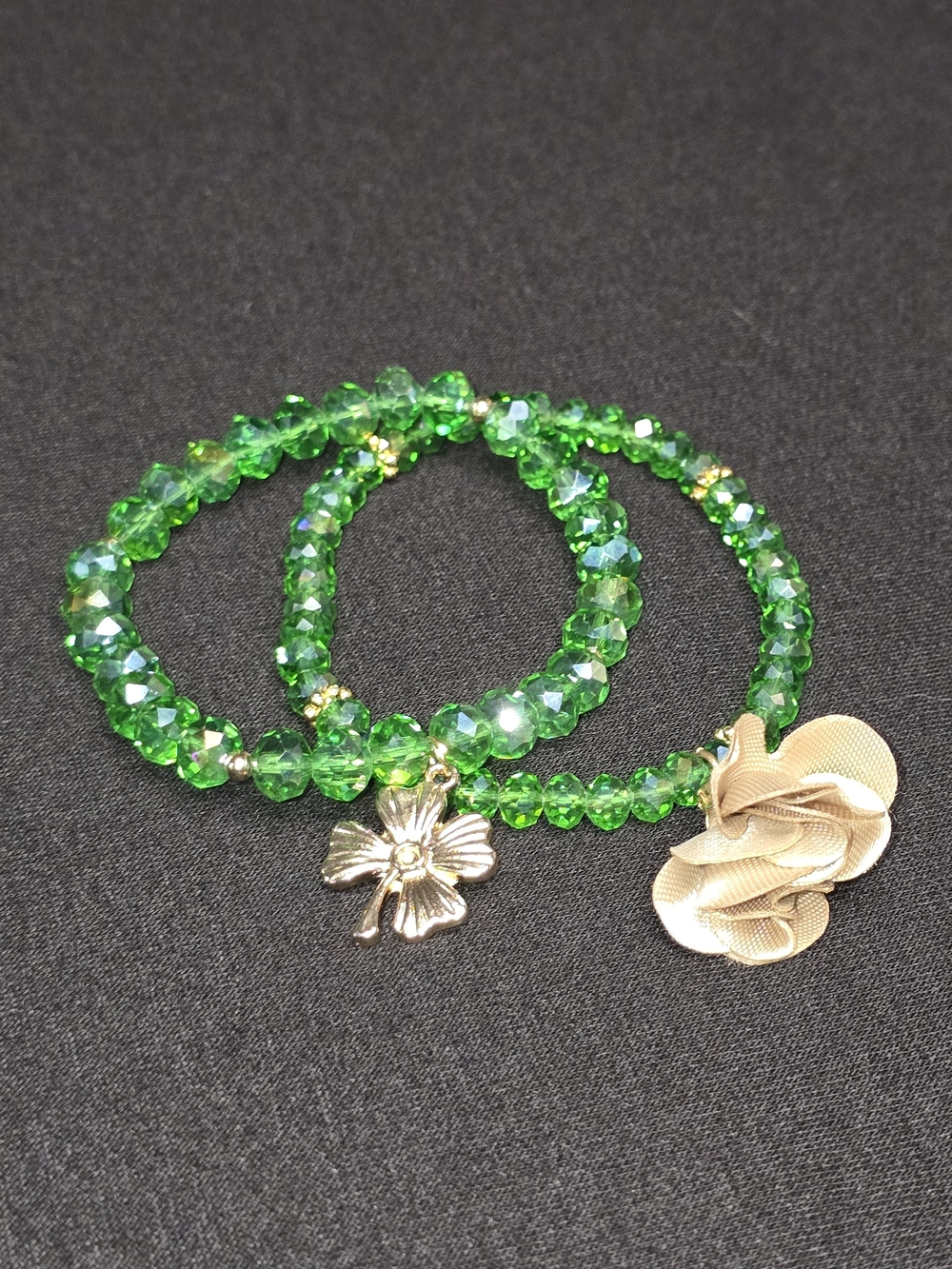 Green Beaded Bracelet Set with Flower Charms